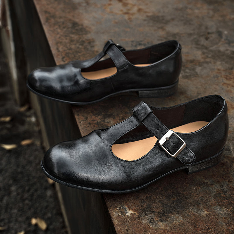 Ballerines Mary Jane à bride T en cuir de cheval faites à la main pour femmes en noir/marron foncé