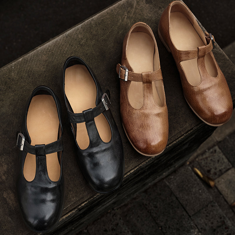 Ballerines Mary Jane à bride T en cuir de cheval faites à la main pour femmes en noir/marron foncé
