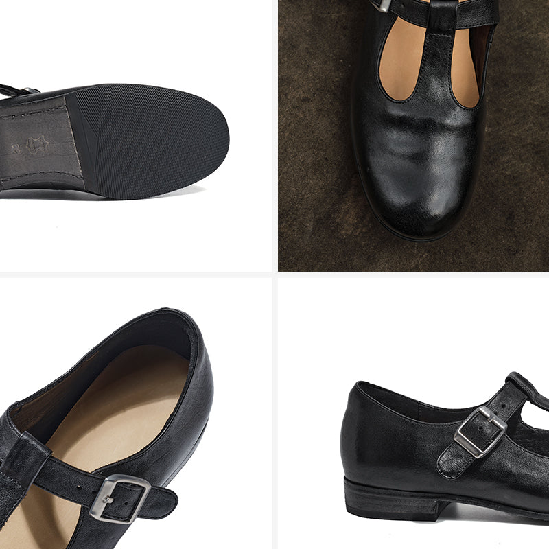 Ballerines Mary Jane à bride T en cuir de cheval faites à la main pour femmes en noir/marron foncé
