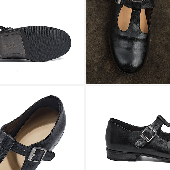 Ballerines Mary Jane à bride T en cuir de cheval faites à la main pour femmes en noir/marron foncé