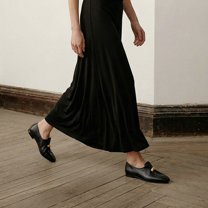 Mocassins en cuir froncé vintage pour femmes, ballerines à détail anneau à enfiler en noir/marron