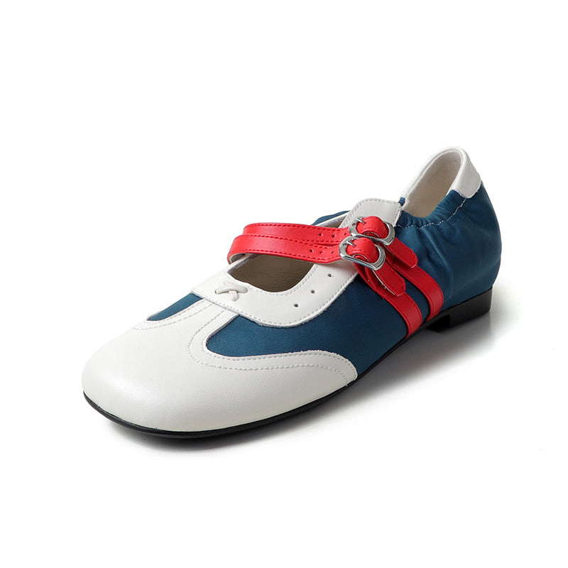 Baskets Mary Jane à double bride colorblock pour femmes, chaussures en cuir plates de designer en bleu/gris/kaki