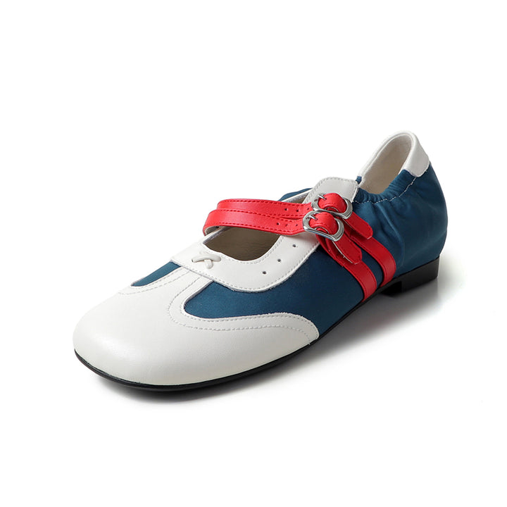 Baskets Mary Jane à double bride colorblock pour femmes, chaussures en cuir plates de designer en bleu/gris/kaki