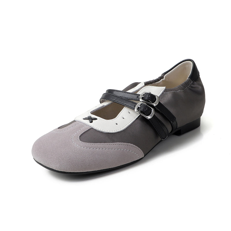 Baskets Mary Jane à double bride colorblock pour femmes, chaussures en cuir plates de designer en bleu/gris/kaki