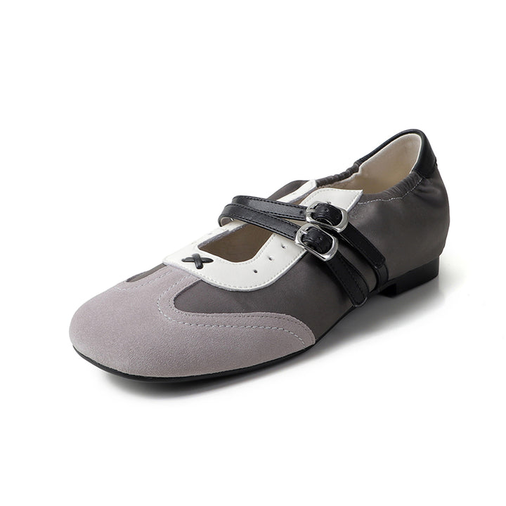 Baskets Mary Jane à double bride colorblock pour femmes, chaussures en cuir plates de designer en bleu/gris/kaki