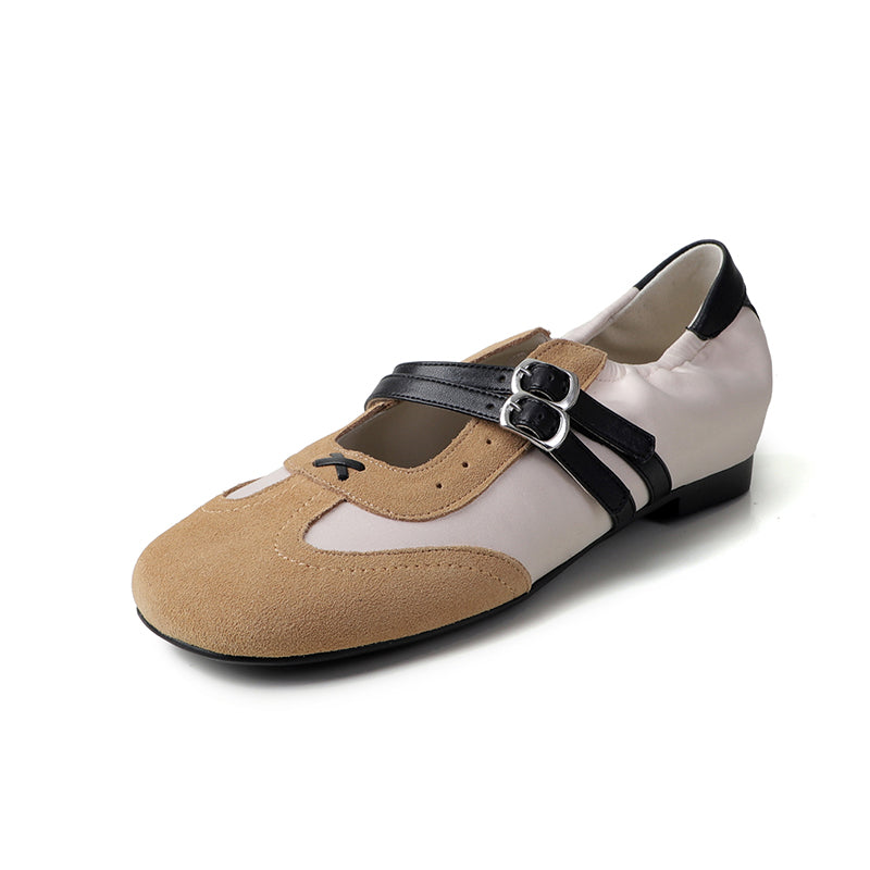 Baskets Mary Jane à double bride colorblock pour femmes, chaussures en cuir plates de designer en bleu/gris/kaki
