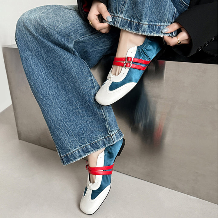 Baskets Mary Jane à double bride colorblock pour femmes, chaussures en cuir plates de designer en bleu/gris/kaki