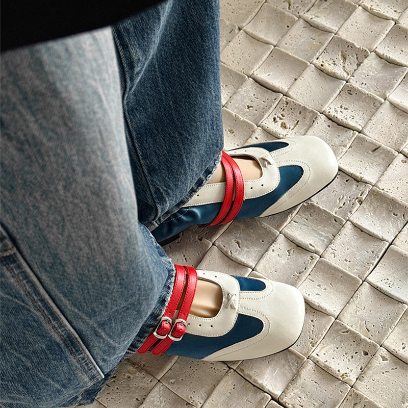 Baskets Mary Jane à double bride colorblock pour femmes, chaussures en cuir plates de designer en bleu/gris/kaki