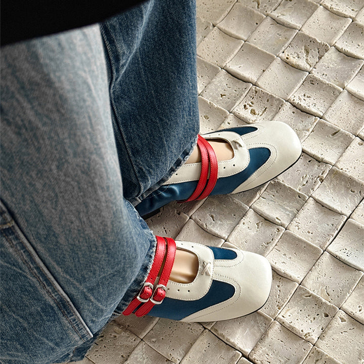 Baskets Mary Jane à double bride colorblock pour femmes, chaussures en cuir plates de designer en bleu/gris/kaki