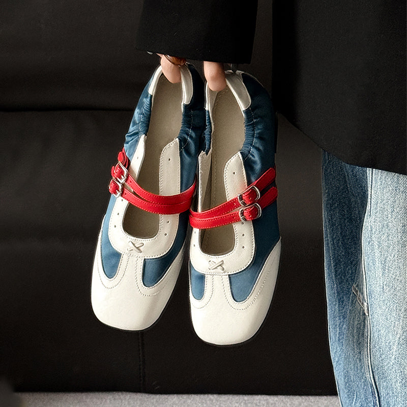 Baskets Mary Jane à double bride colorblock pour femmes, chaussures en cuir plates de designer en bleu/gris/kaki