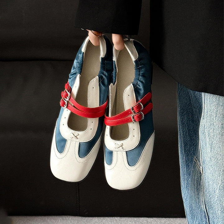 Baskets Mary Jane à double bride colorblock pour femmes, chaussures en cuir plates de designer en bleu/gris/kaki