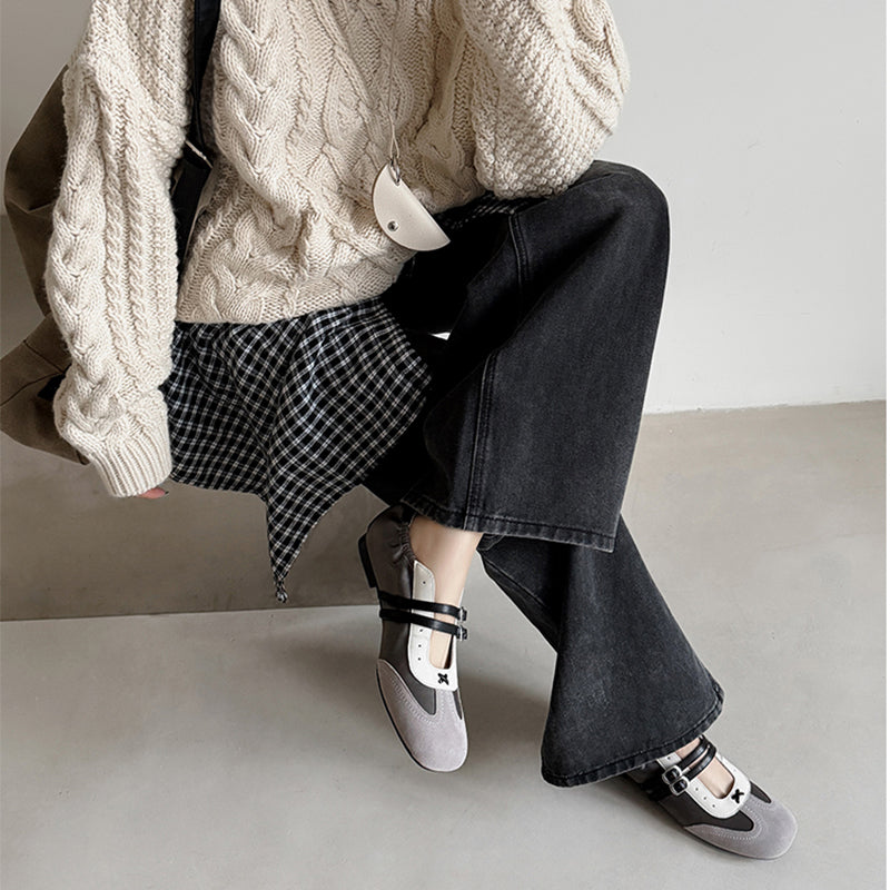 Baskets Mary Jane à double bride colorblock pour femmes, chaussures en cuir plates de designer en bleu/gris/kaki