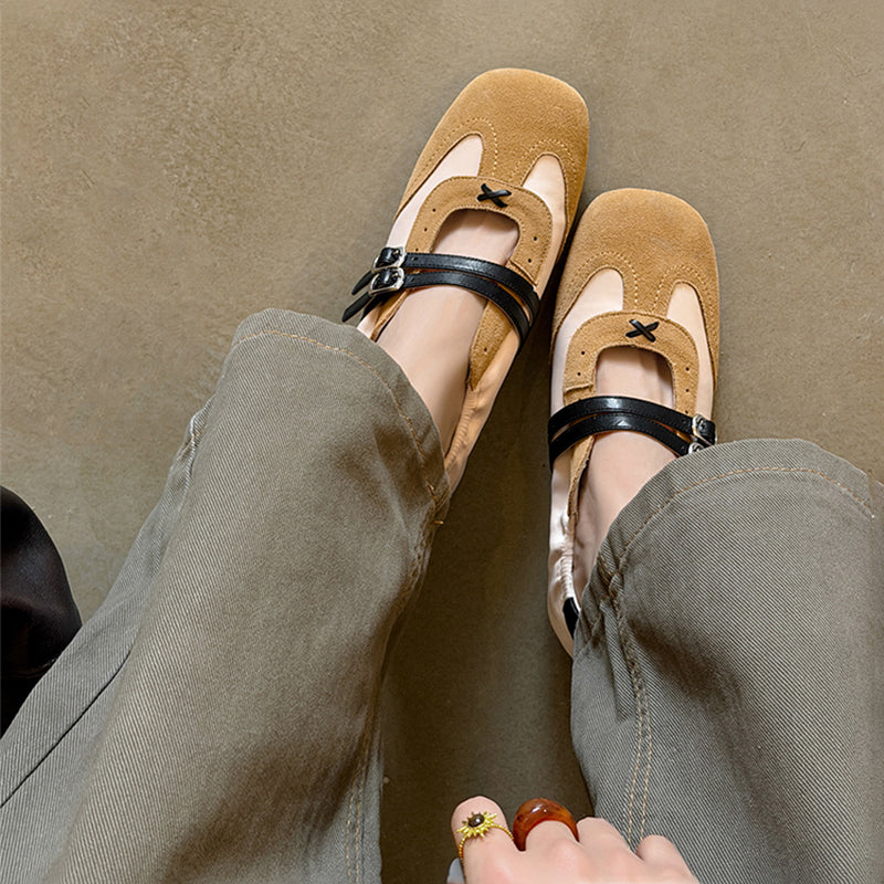 Baskets Mary Jane à double bride colorblock pour femmes, chaussures en cuir plates de designer en bleu/gris/kaki
