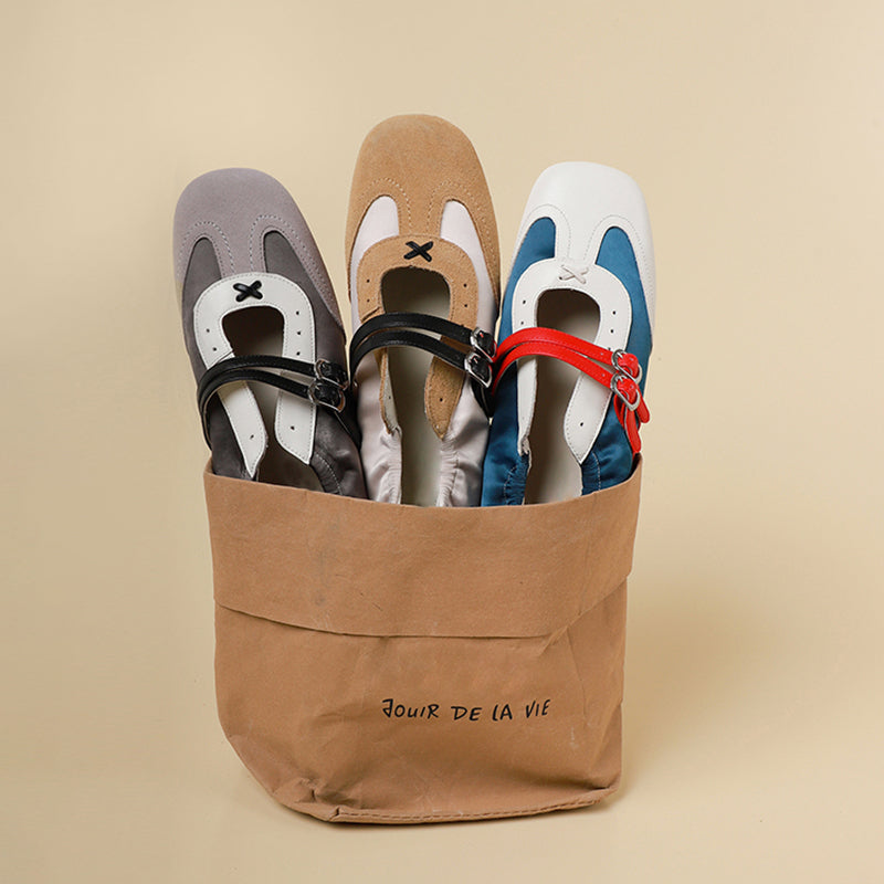 Baskets Mary Jane à double bride colorblock pour femmes, chaussures en cuir plates de designer en bleu/gris/kaki