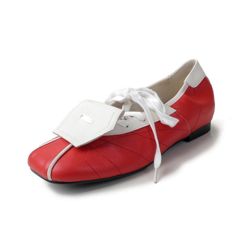 Baskets ballerines à lacets colorblock pour femmes, ballerines en cuir rétro en rouge/beige/argent