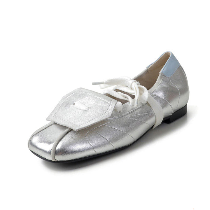 Baskets ballerines à lacets colorblock pour femmes, ballerines en cuir rétro en rouge/beige/argent
