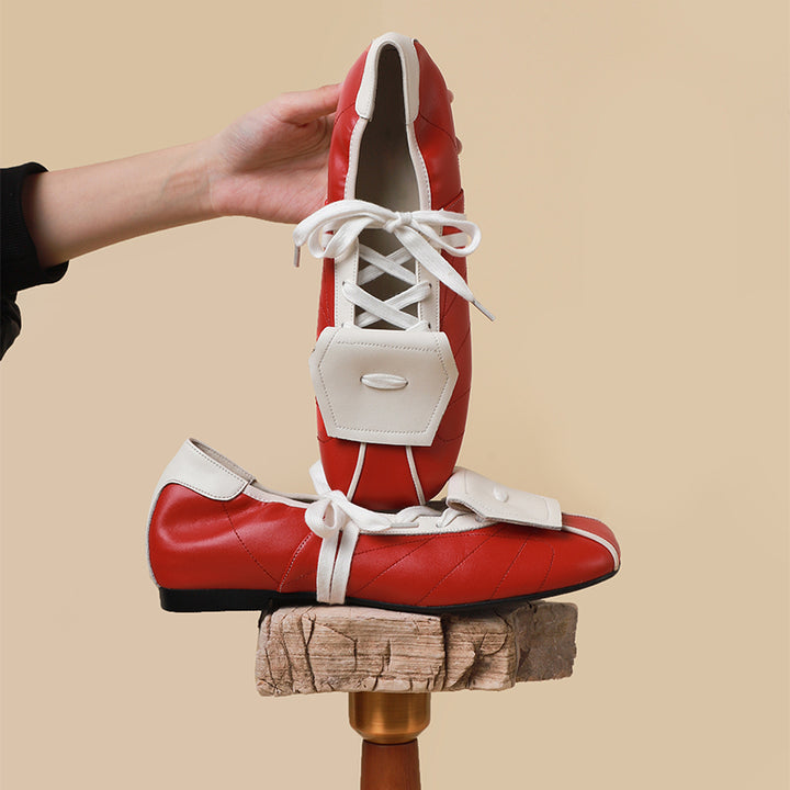 Baskets ballerines à lacets colorblock pour femmes, ballerines en cuir rétro en rouge/beige/argent