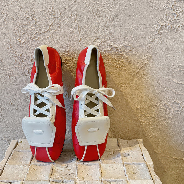 Baskets ballerines à lacets colorblock pour femmes, ballerines en cuir rétro en rouge/beige/argent