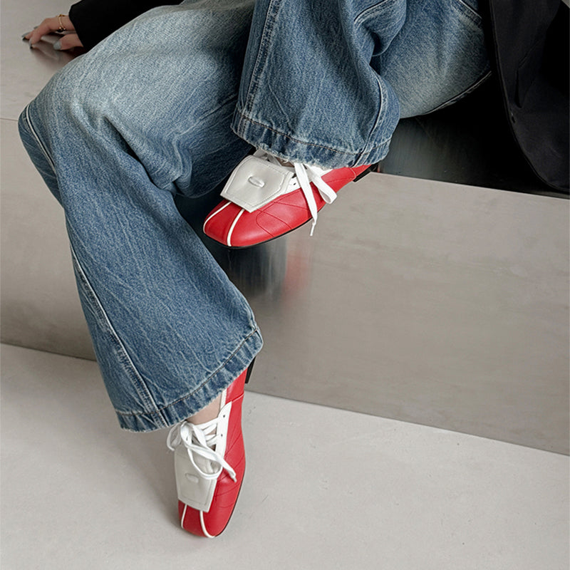 Baskets ballerines à lacets colorblock pour femmes, ballerines en cuir rétro en rouge/beige/argent