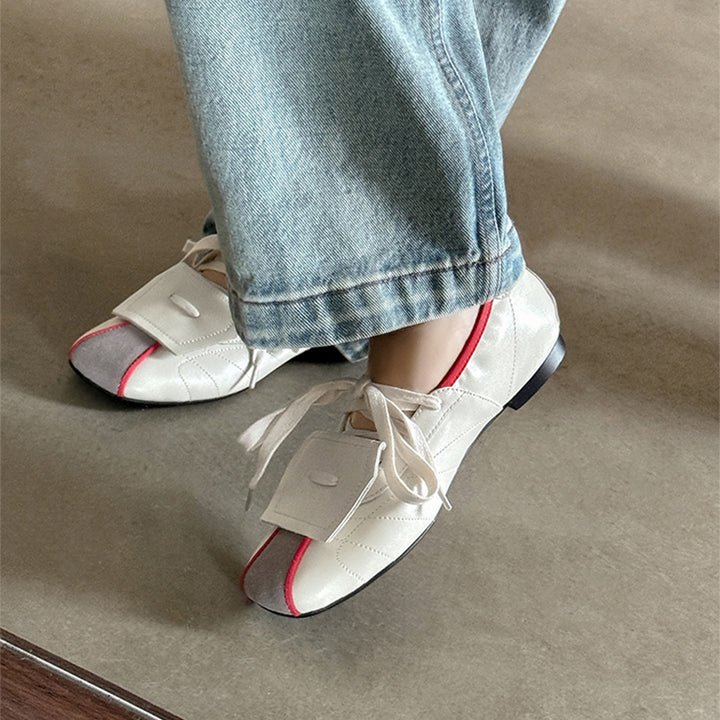Baskets ballerines à lacets colorblock pour femmes, ballerines en cuir rétro en rouge/beige/argent