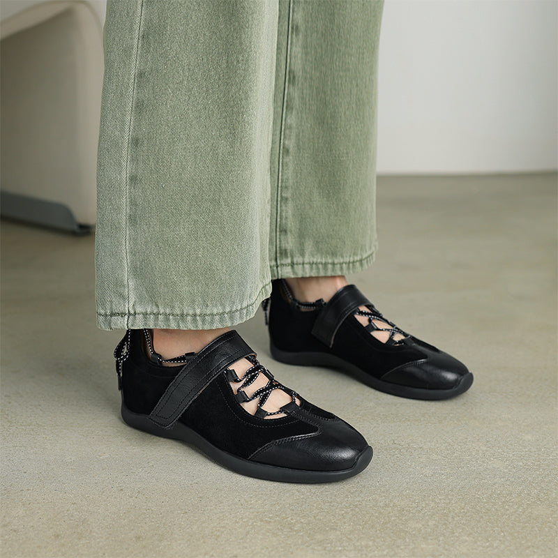 Baskets Mary Jane de designer pour femmes, chaussures en cuir découpées à Velcro rétro en noir/marron
