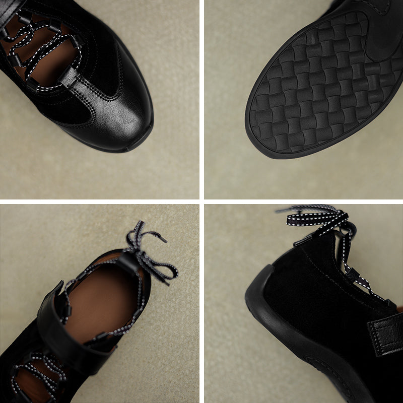 Baskets Mary Jane de designer pour femmes, chaussures en cuir découpées à Velcro rétro en noir/marron