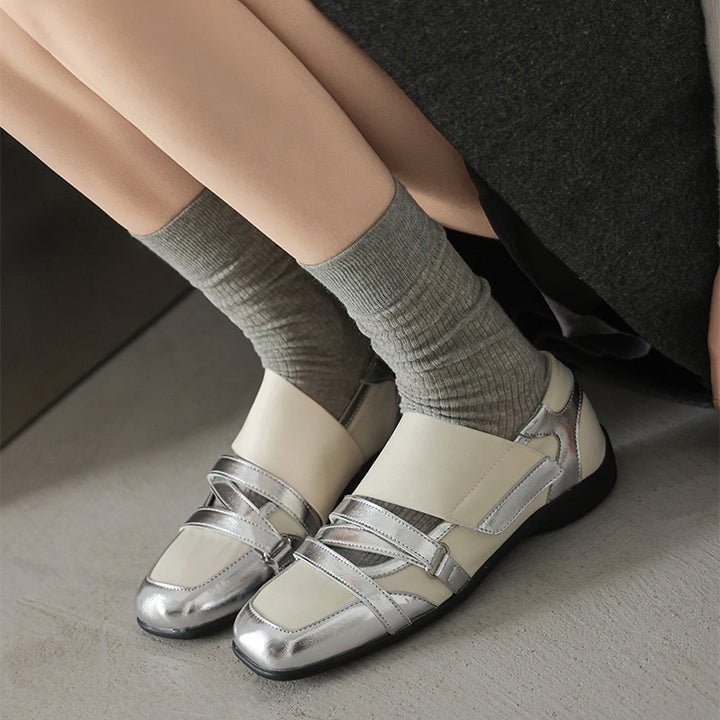 Baskets ballerines Mary Jane pour femmes, ballerines en cuir de designer à Velcro croisées en noir/or/argent
