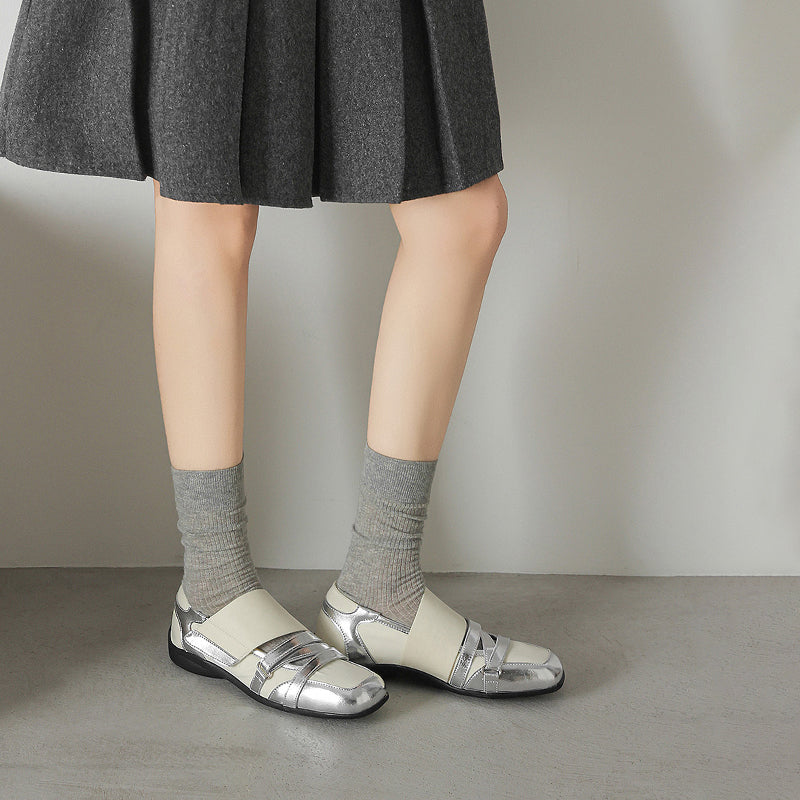Baskets ballerines Mary Jane pour femmes, ballerines en cuir de designer à Velcro croisées en noir/or/argent