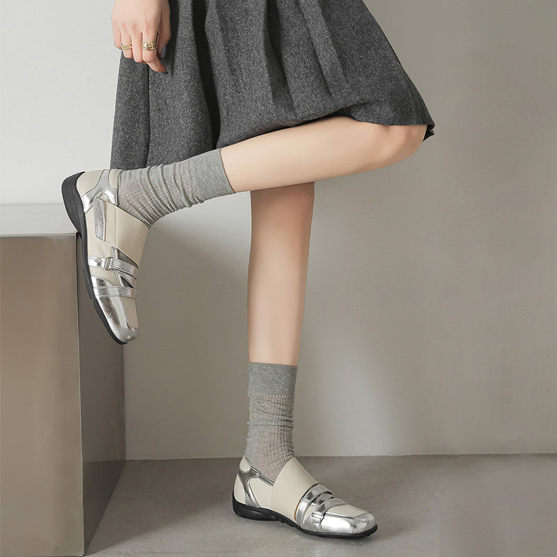 Baskets ballerines Mary Jane pour femmes, ballerines en cuir de designer à Velcro croisées en noir/or/argent
