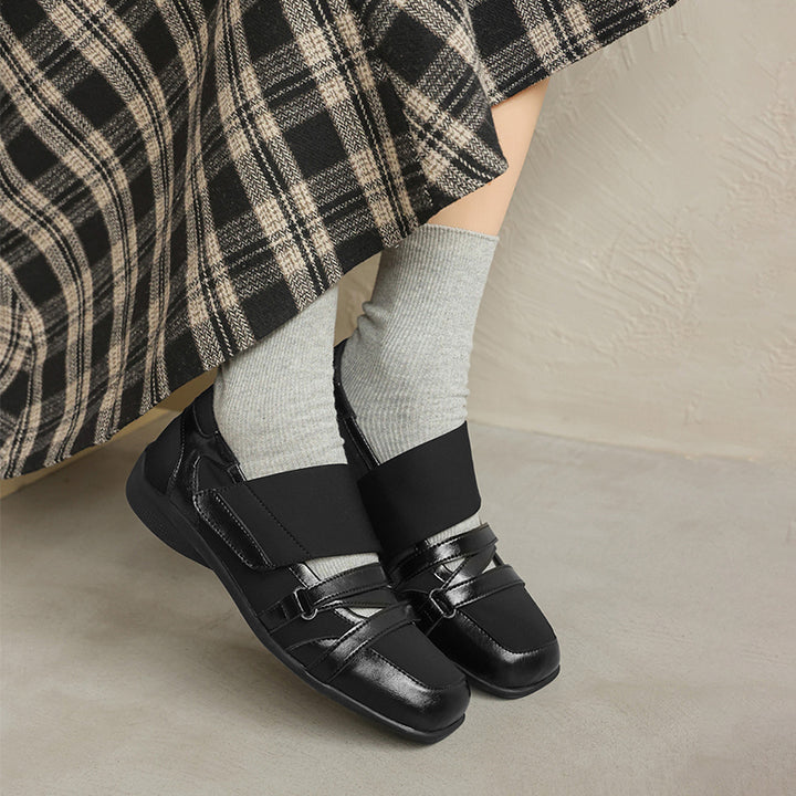 Baskets ballerines Mary Jane pour femmes, ballerines en cuir de designer à Velcro croisées en noir/or/argent