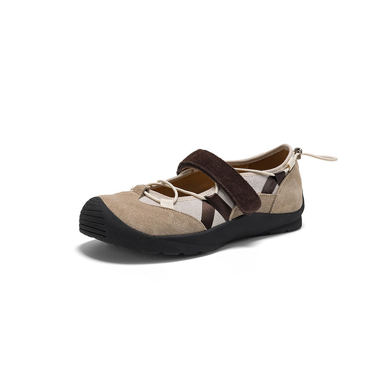 Ballerines Mary Jane Colorblock pour femmes en cuir avec tirant et Velcro en marron/abricot/argent