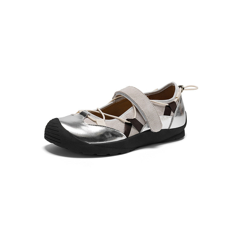 Ballerines Mary Jane Colorblock pour femmes en cuir avec tirant et Velcro en marron/abricot/argent