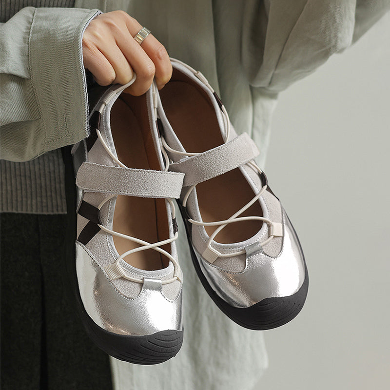 Ballerines Mary Jane Colorblock pour femmes en cuir avec tirant et Velcro en marron/abricot/argent