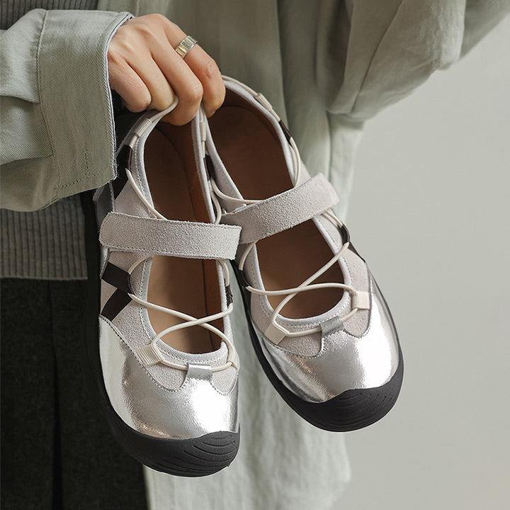 Ballerines Mary Jane Colorblock pour femmes en cuir avec tirant et Velcro en marron/abricot/argent