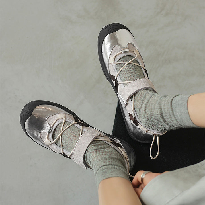 Ballerines Mary Jane Colorblock pour femmes en cuir avec tirant et Velcro en marron/abricot/argent