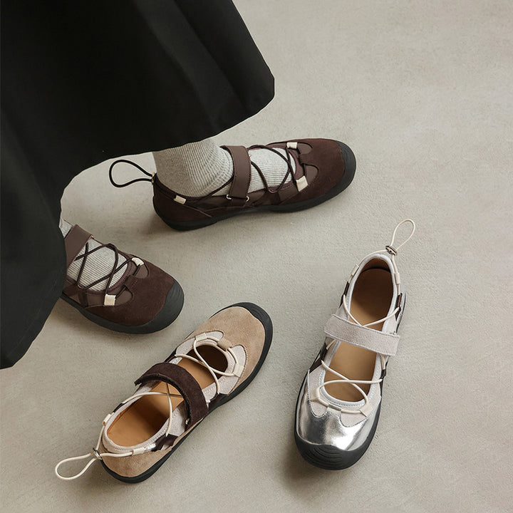Ballerines Mary Jane Colorblock pour femmes en cuir avec tirant et Velcro en marron/abricot/argent