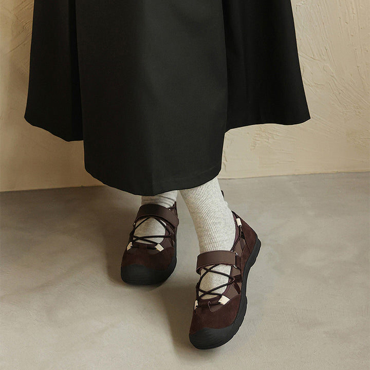 Ballerines Mary Jane Colorblock pour femmes en cuir avec tirant et Velcro en marron/abricot/argent