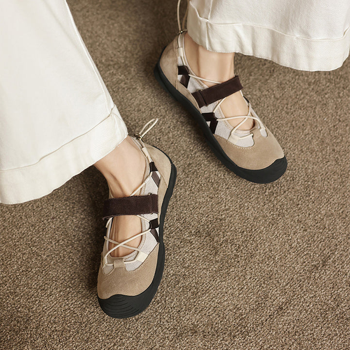 Ballerines Mary Jane Colorblock pour femmes en cuir avec tirant et Velcro en marron/abricot/argent