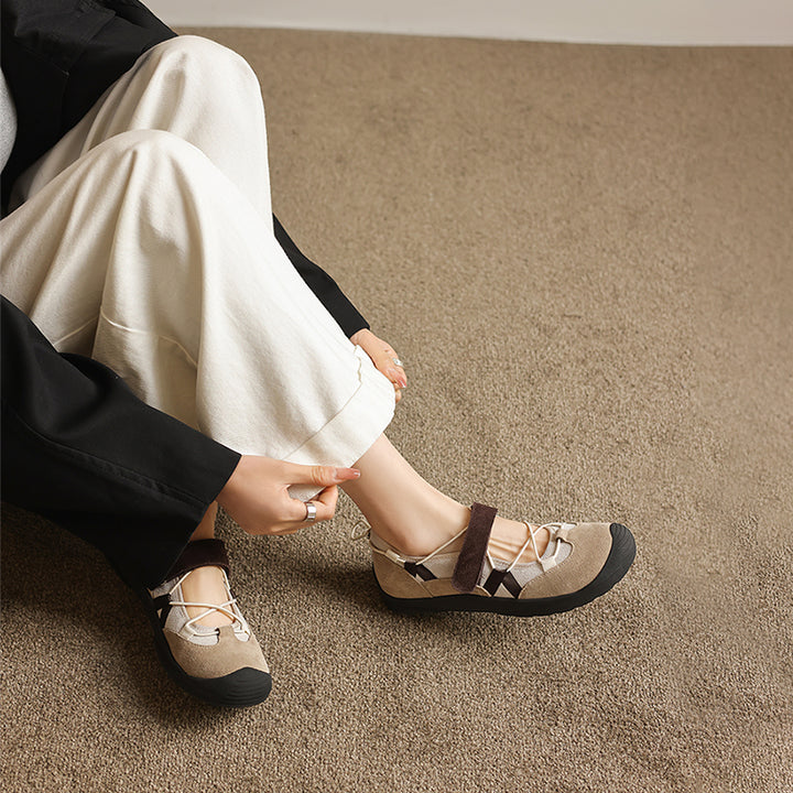 Ballerines Mary Jane Colorblock pour femmes en cuir avec tirant et Velcro en marron/abricot/argent
