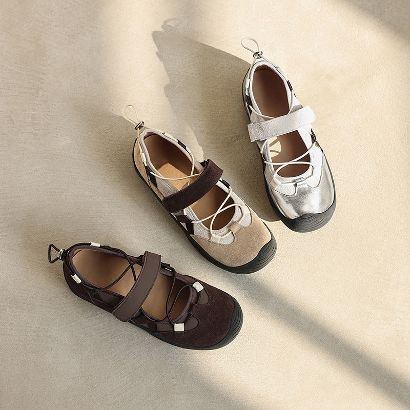 Ballerines Mary Jane Colorblock pour femmes en cuir avec tirant et Velcro en marron/abricot/argent