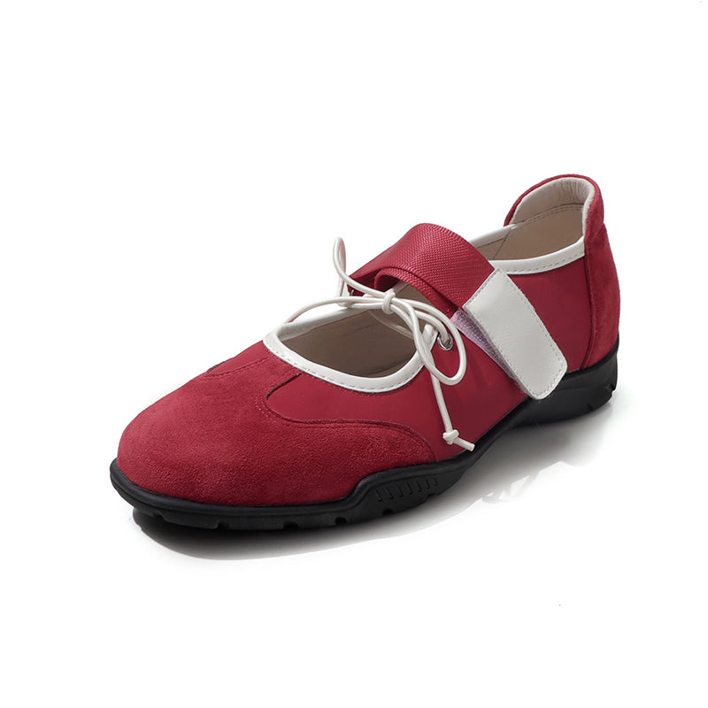 Ballerines Mary Jane Velcro avec nœud chic pour femmes en cuir suédé doux en marron/noir/rouge