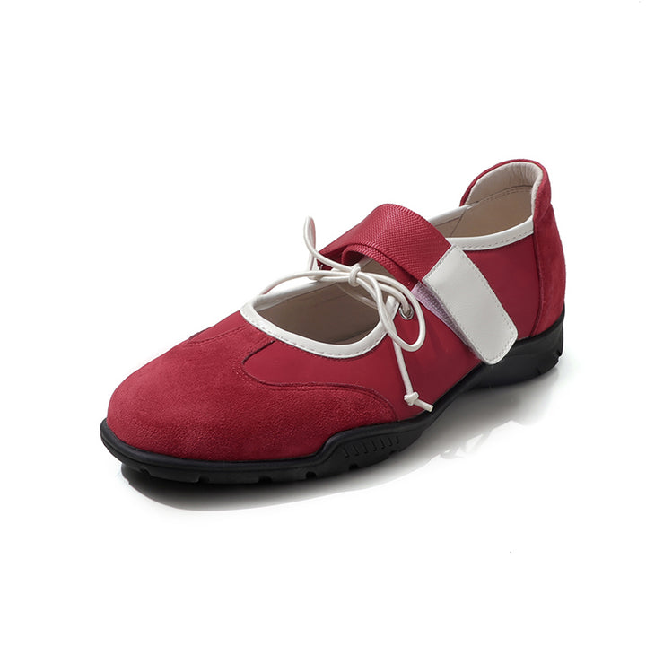 Ballerines Mary Jane Velcro avec nœud chic pour femmes en cuir suédé doux en marron/noir/rouge