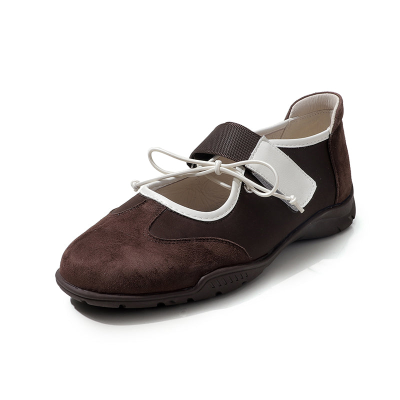 Ballerines Mary Jane Velcro avec nœud chic pour femmes en cuir suédé doux en marron/noir/rouge