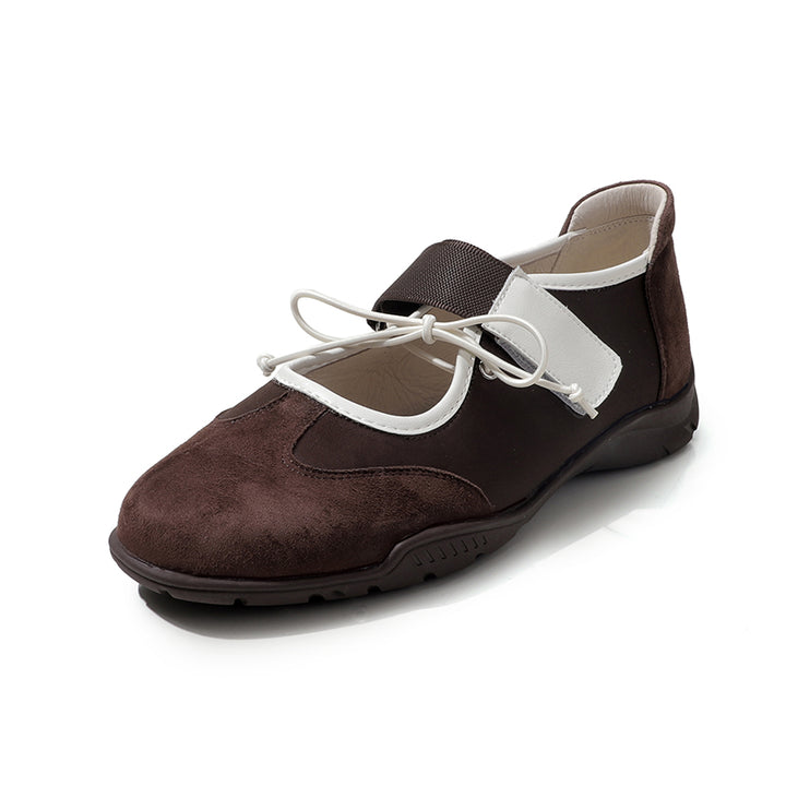 Ballerines Mary Jane Velcro avec nœud chic pour femmes en cuir suédé doux en marron/noir/rouge