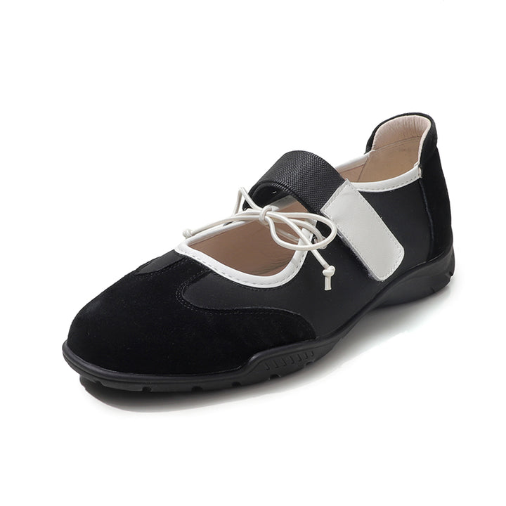 Ballerines Mary Jane Velcro avec nœud chic pour femmes en cuir suédé doux en marron/noir/rouge