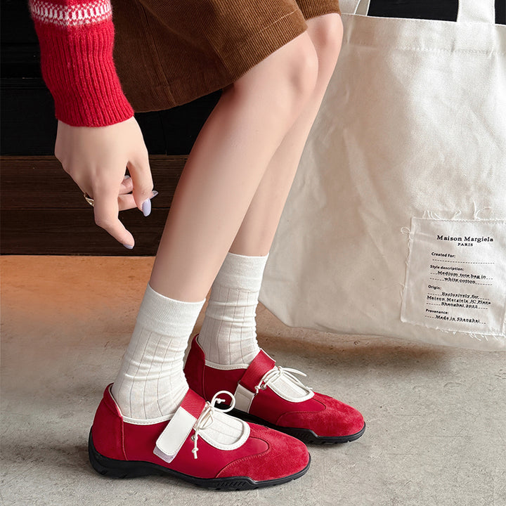 Ballerines Mary Jane Velcro avec nœud chic pour femmes en cuir suédé doux en marron/noir/rouge