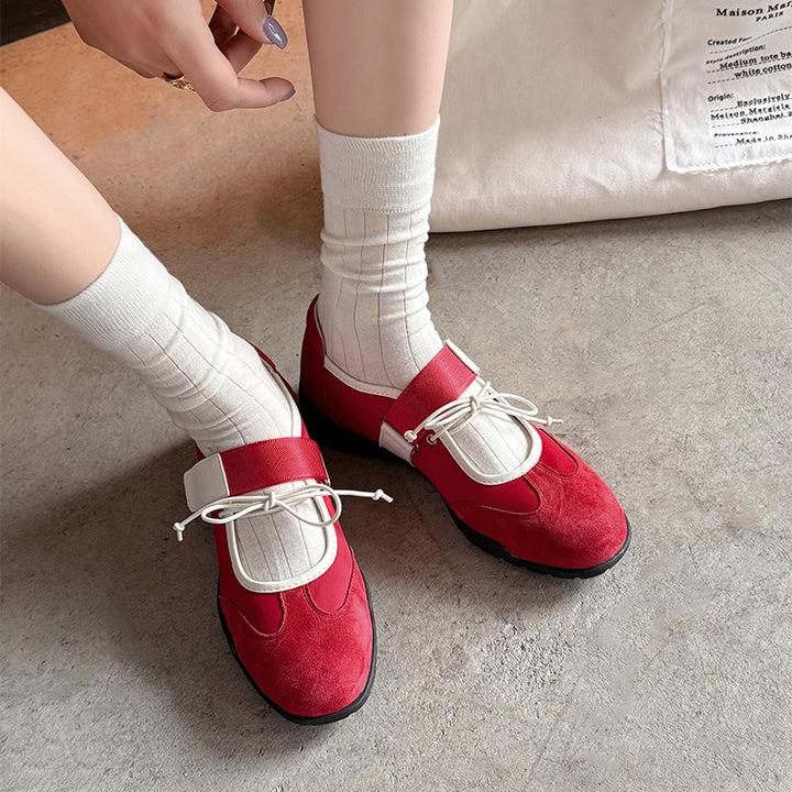 Ballerines Mary Jane Velcro avec nœud chic pour femmes en cuir suédé doux en marron/noir/rouge