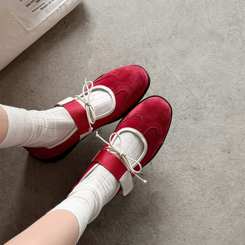 Ballerines Mary Jane Velcro avec nœud chic pour femmes en cuir suédé doux en marron/noir/rouge