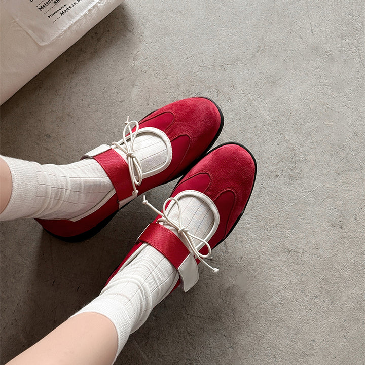 Ballerines Mary Jane Velcro avec nœud chic pour femmes en cuir suédé doux en marron/noir/rouge