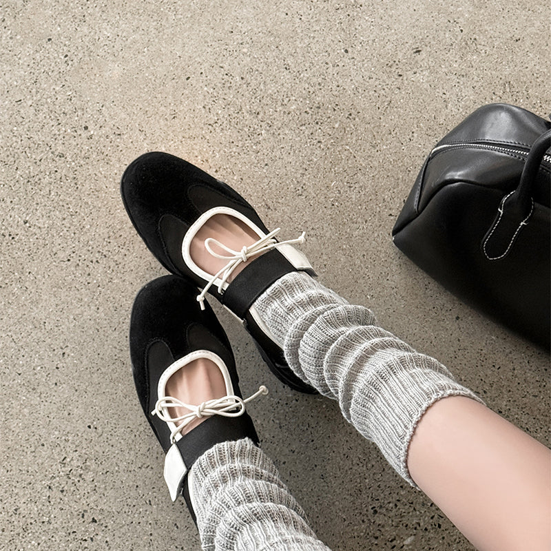 Ballerines Mary Jane Velcro avec nœud chic pour femmes en cuir suédé doux en marron/noir/rouge